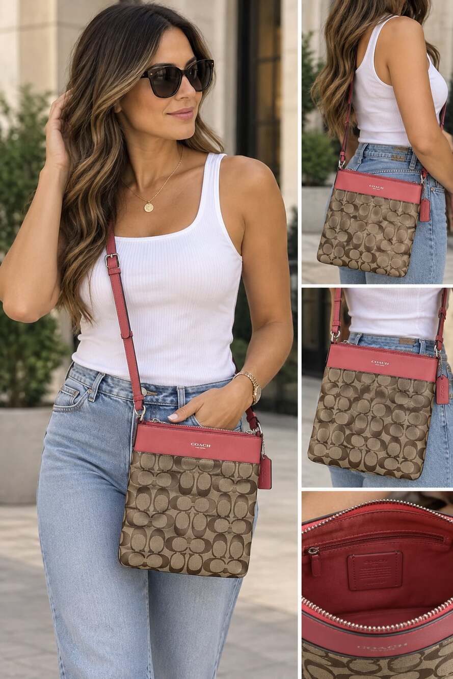 Coach Signature Canvas Crossbody Bag Tan Coral  Pink #12V1026